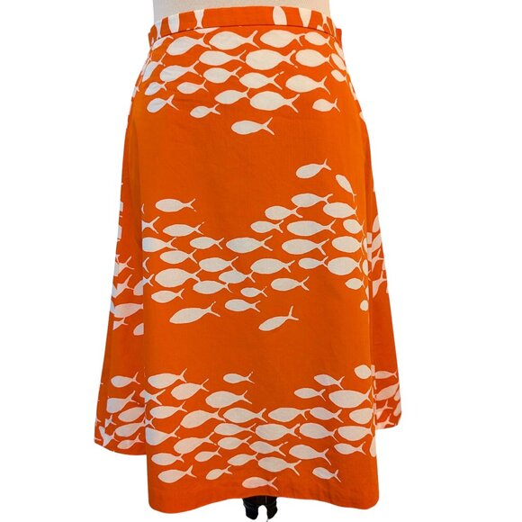 J Crew Womens Sz 2 Orange White Allover School Of Fish 100% Cotton A-Line Skirt - Picture 1 of 7